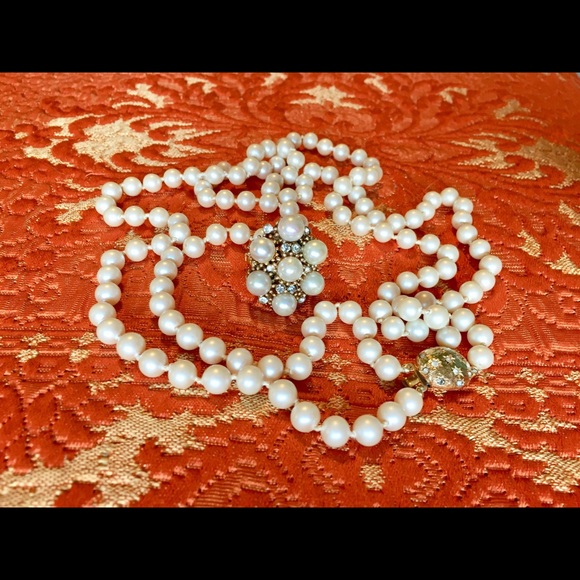 Vintage two strand Faux Pear Necklace Pave Clasp - Picture 3 of 7